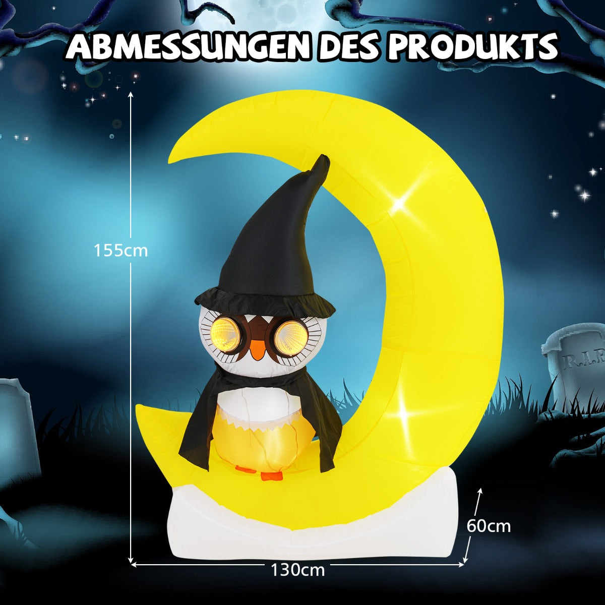 LED uppblåsbar – uggla som står på månen Hemsk Halloween dekoration – 155 cm – Gul