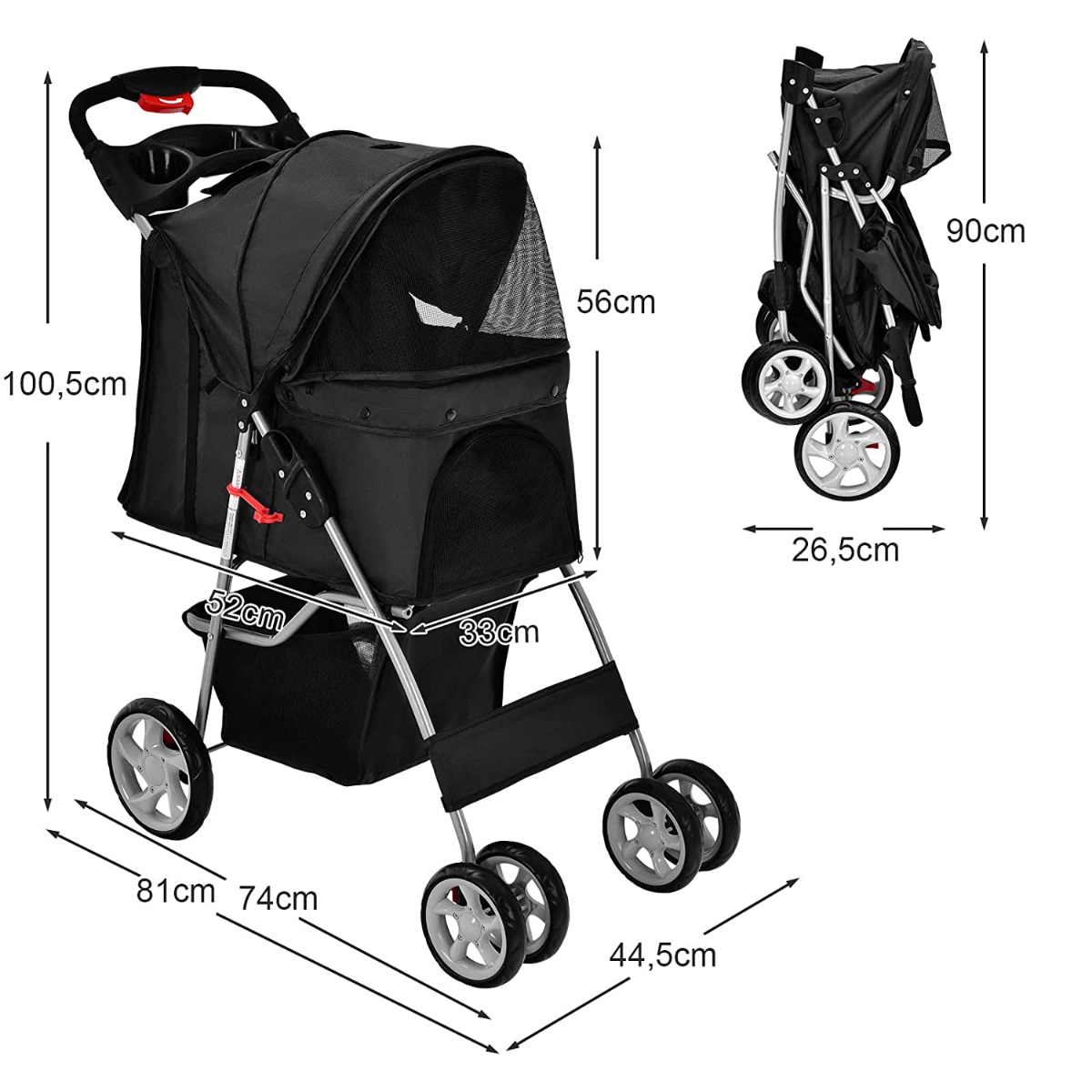 Hundvagn – Husdjur Buggy upp till – 15 kg 81 x 45 x 101 cm – Svart