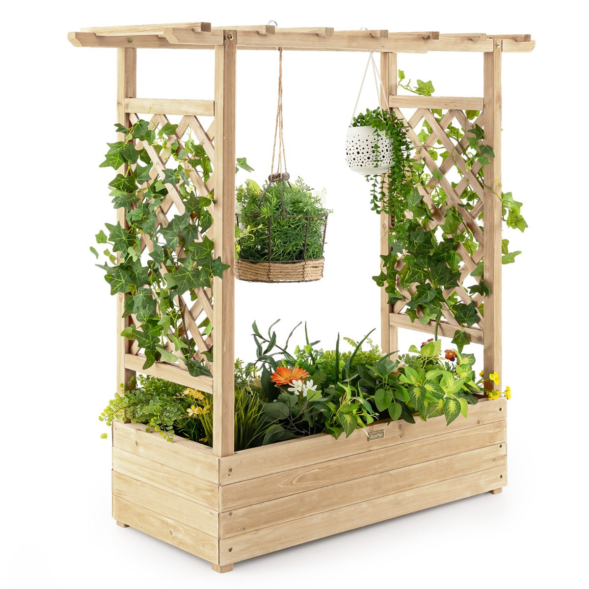 Upphöjd – säng med spaljé och hängande takplanterare Blomlåda för klätterväxter Naturlig – Natur