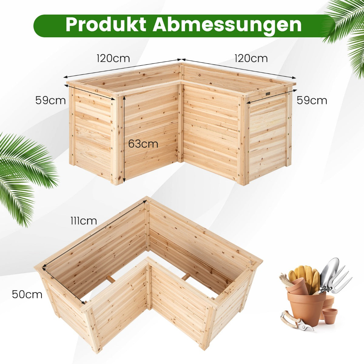 Upphöjd – bädd Träkruka för balkong Trädgårdsterrass Blomlåda Naturlig – 120 x 120 x 63 cm – Natur