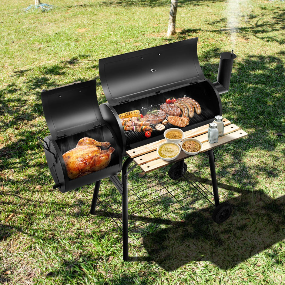 BBQ Kolgrill – med hjul Grillvagn lock Utegrill – 115 x 65 x 108 cm – Svart