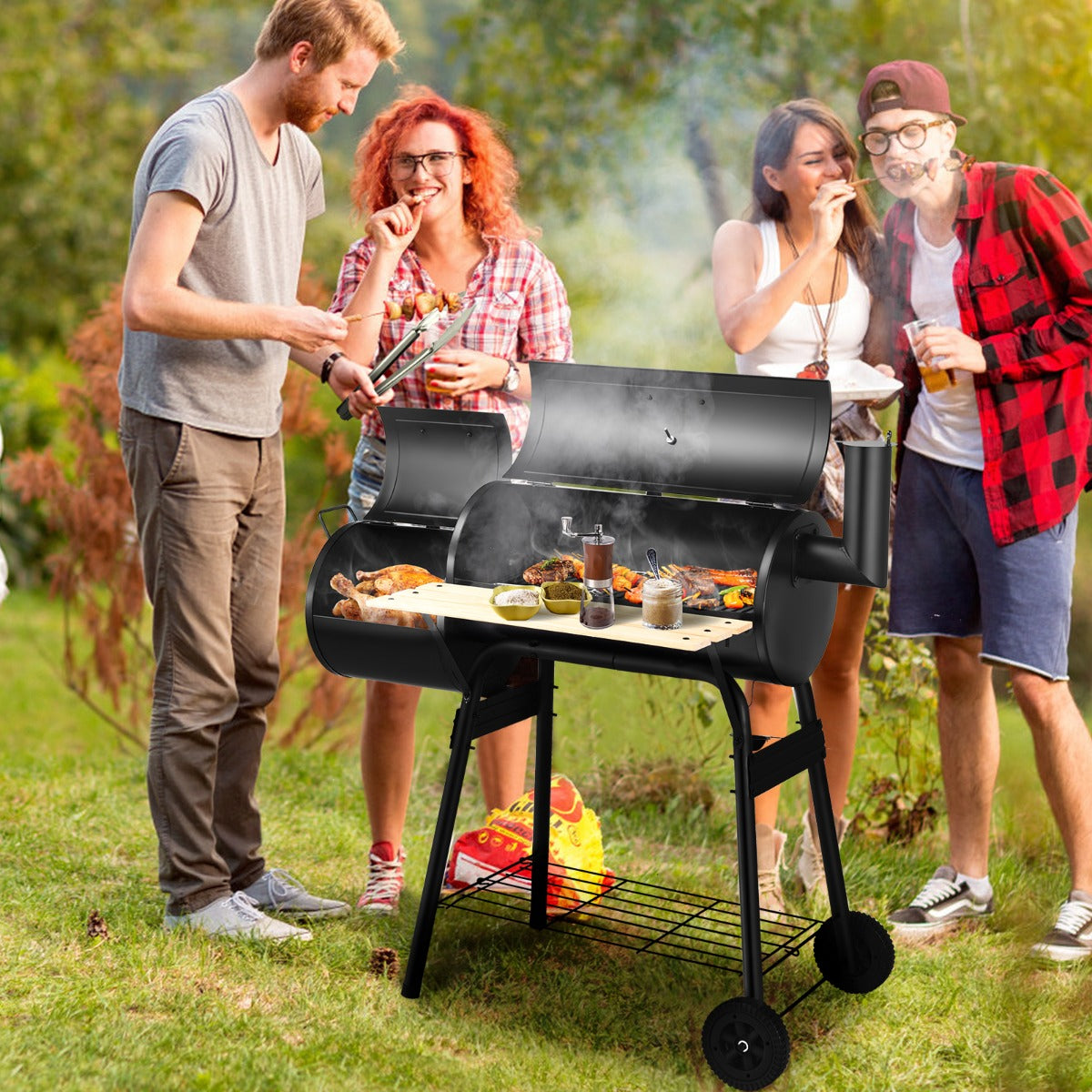 BBQ Kolgrill – med hjul Grillvagn lock Utegrill – 115 x 65 x 108 cm – Svart