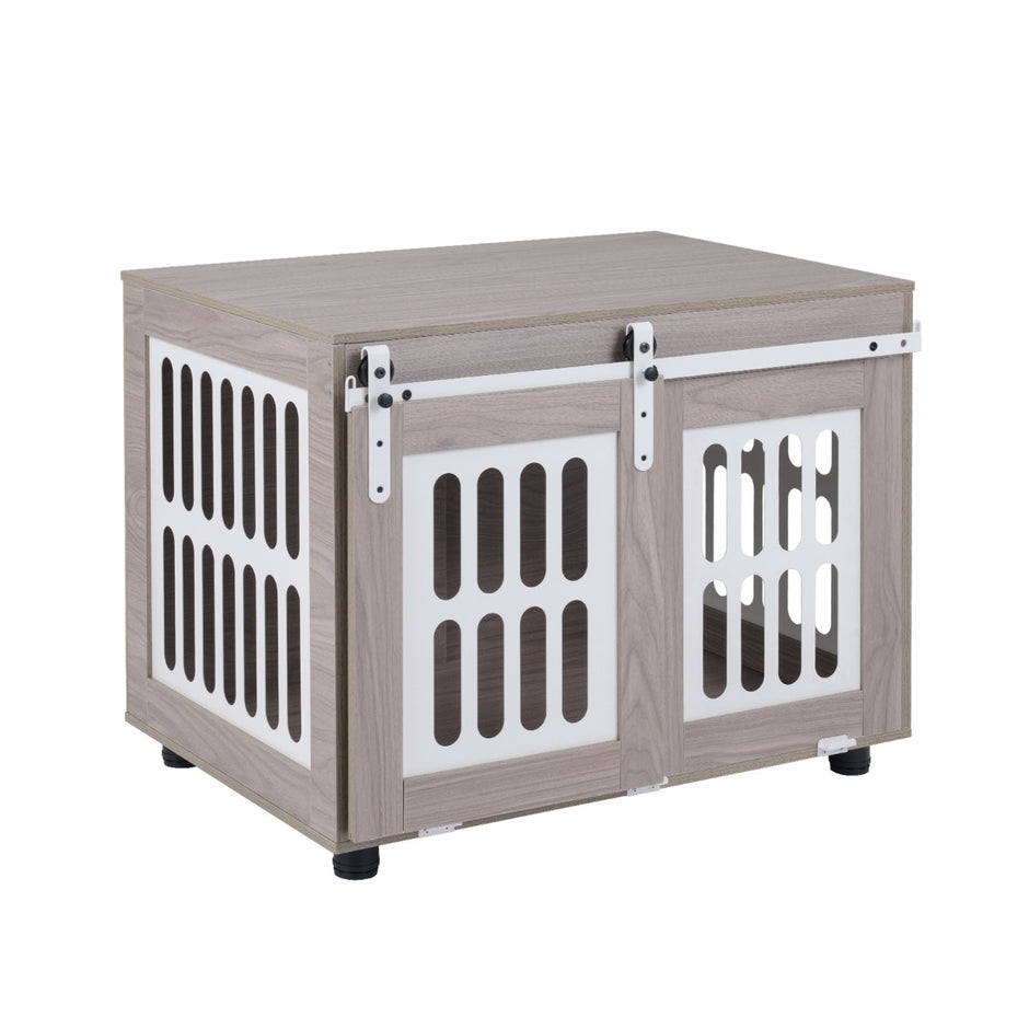 Hundbox – med låsbar skjeddörr och sidofönster hundstuga sidobord – 2 – Grå