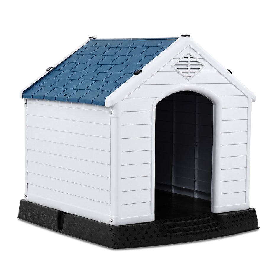 Hundkennel – tillbehör i plast Hundhus för trädgård + – 87,7 x 78,5 x 81,5 cm – Blå och vit