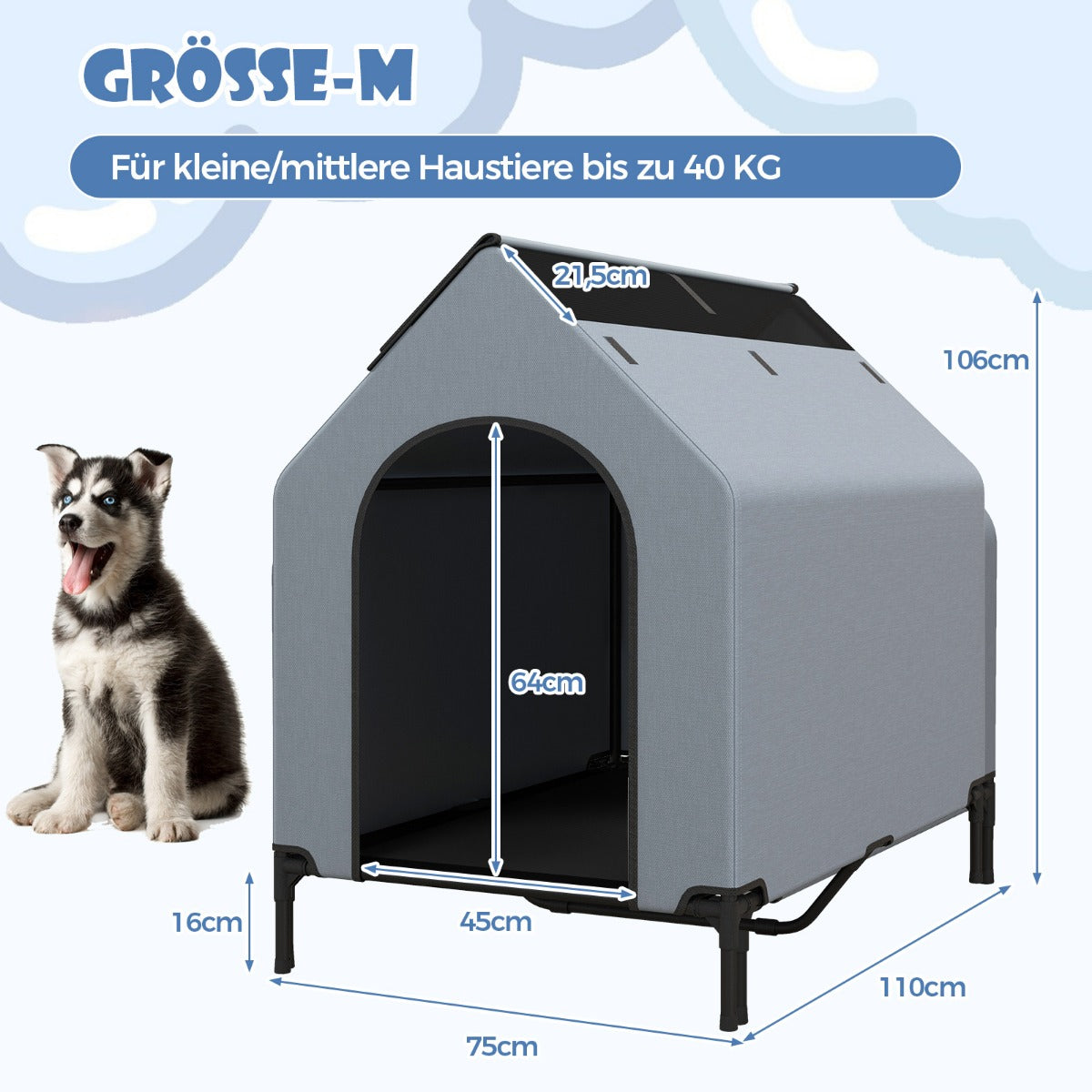 i – hundkennel och upphöjd hundsäng Hundstol utomhus husdjurshus med andningsbart nättyg grått – 2 1 75 x 110 x 106 cm – Grå