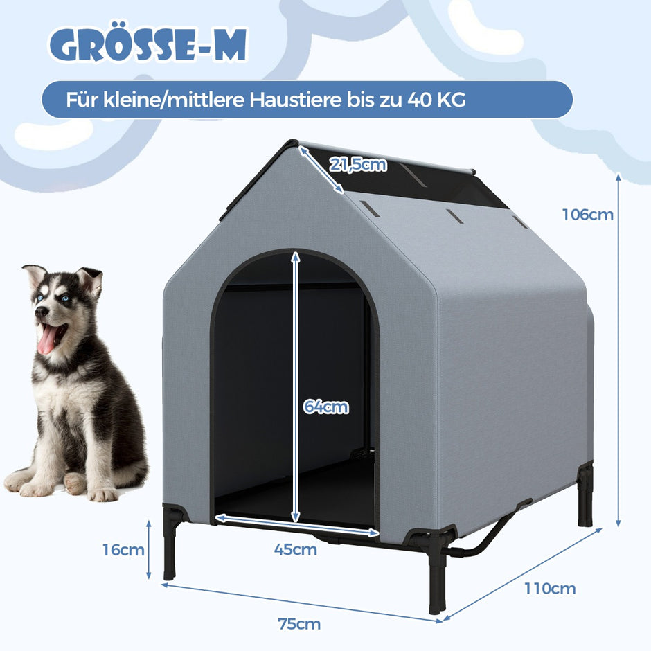 i – hundkennel och upphöjd hundsäng Hundstol utomhus husdjurshus med andningsbart nättyg grått – 2 1 75 x 110 x 106 cm – Grå