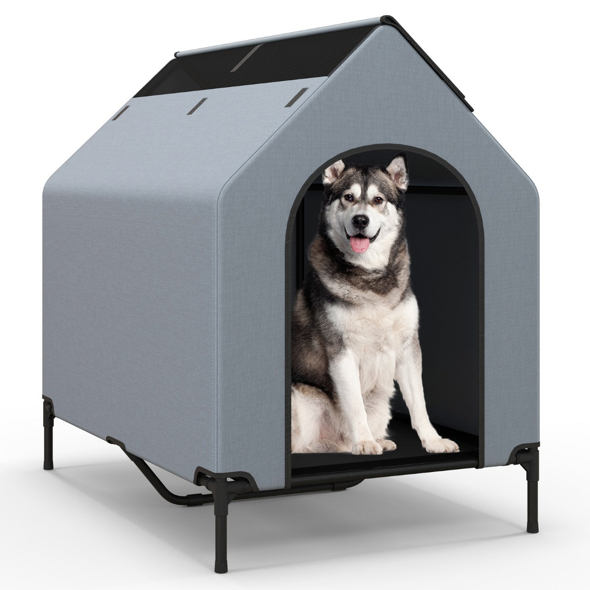 i – hundkennel och upphöjd hundsäng Hundstol utomhus husdjurshus med andningsbart nättyg grått – 2 1 75 x 110 x 106 cm – Grå