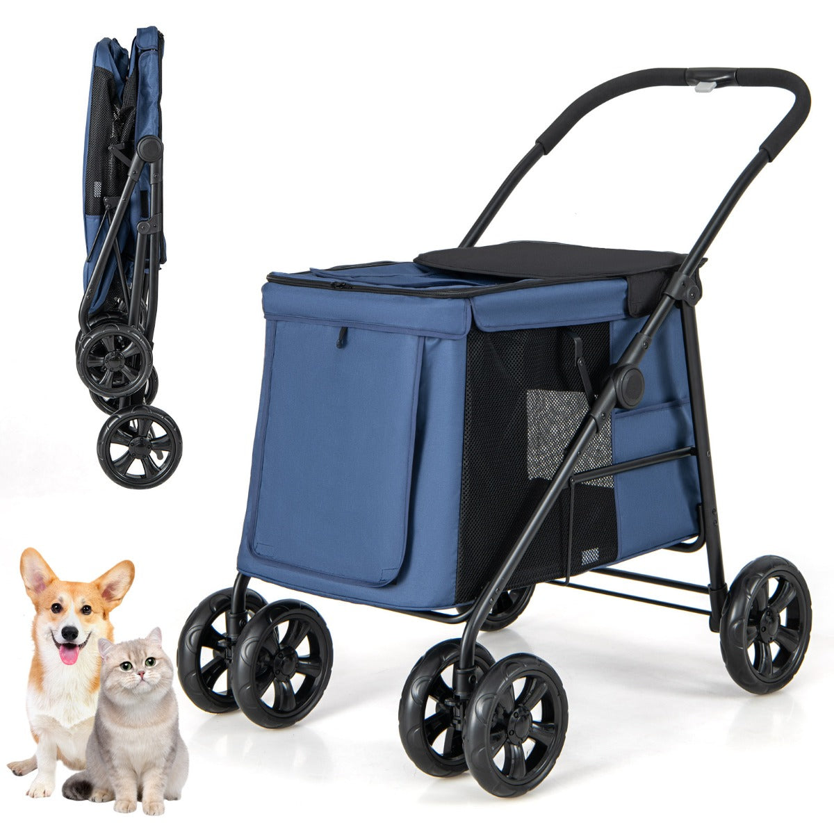 Hundvagn – Hopfällbar upp till med dyna – 40 kg 106 x 63 x 103 cm – Blå