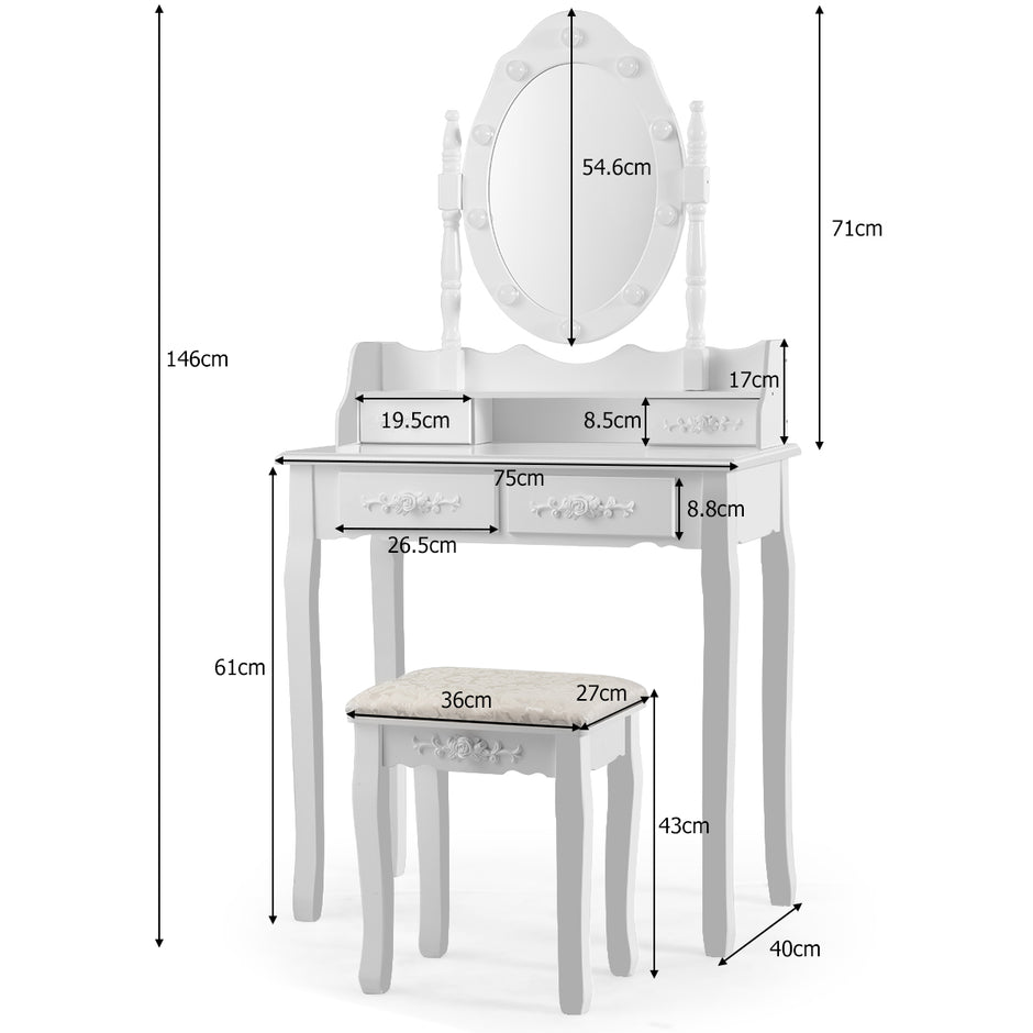 Klassiskt – sminkbordsset med pall LED lampor Kosmetikbord – 75 x 40 x 146 cm