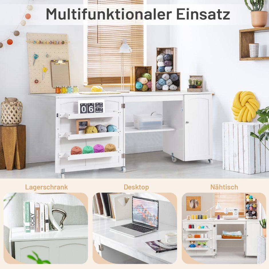 Fällbart – sybord syskåp mångsidigt pysselbord – 158 x 50 x 75 cm – Vit