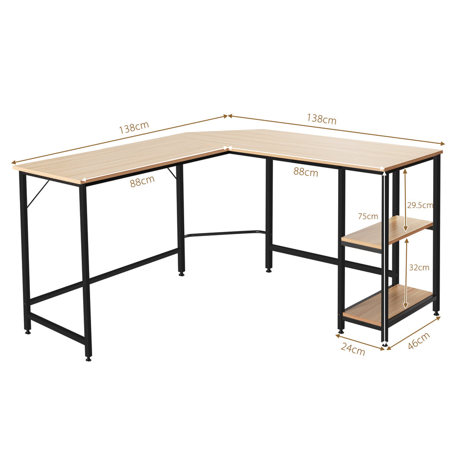 L – format skrivbord hemmakontor med hyllplan – 2 138 x 60 x 75 cm – Natur