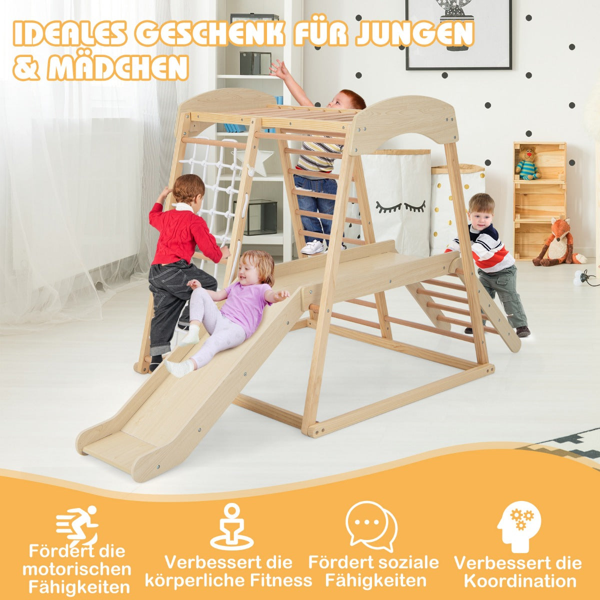 Klätterställning – inomhus Pull Up Bar och rutschkana klätternät stege tunnel Naturlig – 205 x 112 x 120 cm – Natur