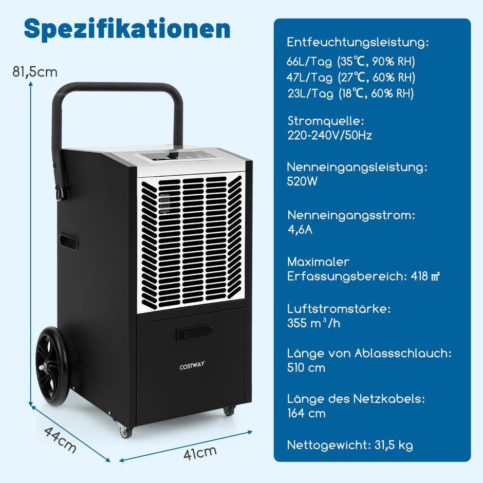 Kommersiell – avfuktare med pump och avloppsslang timmarstimer hjul – 24 4 – Vit