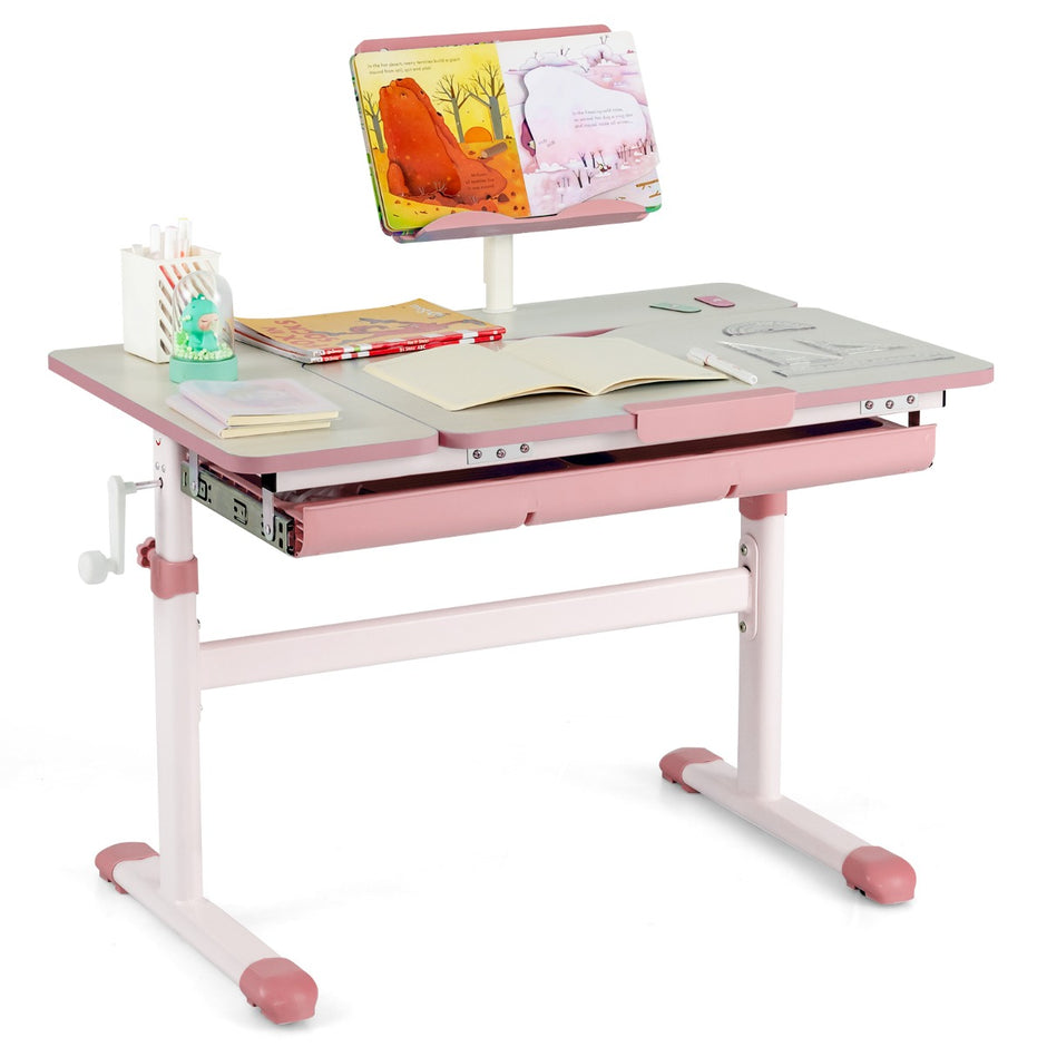 Barnskrivbord – Höjdjusterbart studentskrivbord med lutande bordsskiva ( – 51-73 cm – Rosa