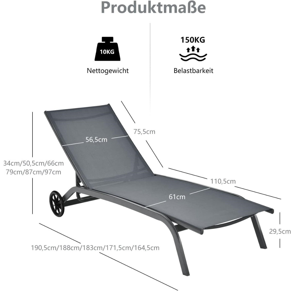 delat – set solbäddar, i metall med maxbelastning kg, loungestolar hjul – 2 150 – Grå