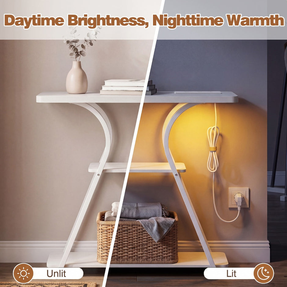 Konsolbord – med LED belysning och laddstation, smalt hallbord hyllor, metallram fjärrkontroll Rustikalt – 3 – Rustik brun