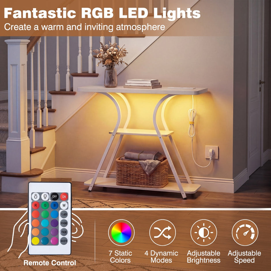 Konsolbord – med LED belysning och laddstation, smalt hallbord hyllor, metallram fjärrkontroll Vitt – 3 – Vit