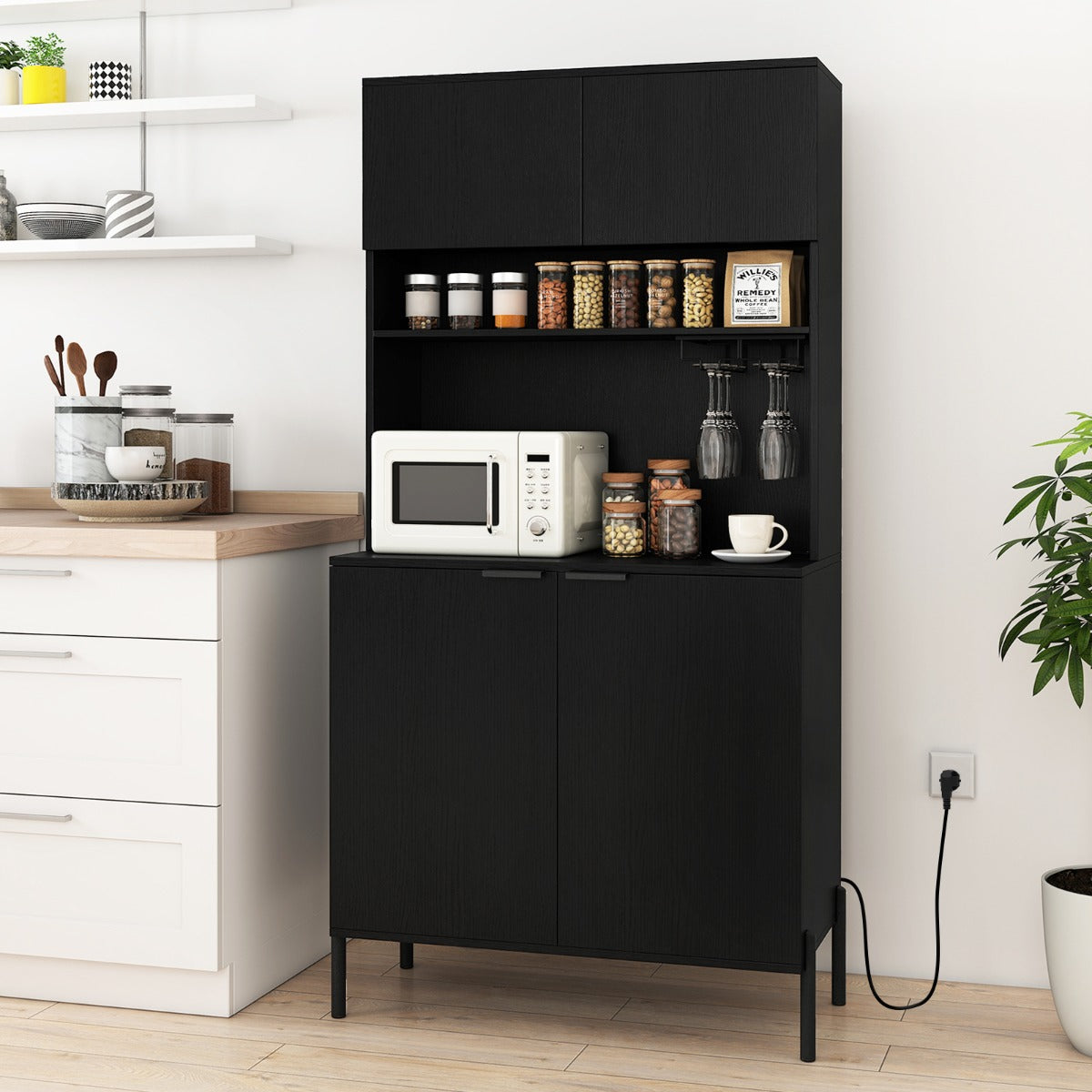 Köksskåp – med Laddningsstation hög Vinskåp Vinglas Hållare Buffé Sideboard – 164 cm – Svart