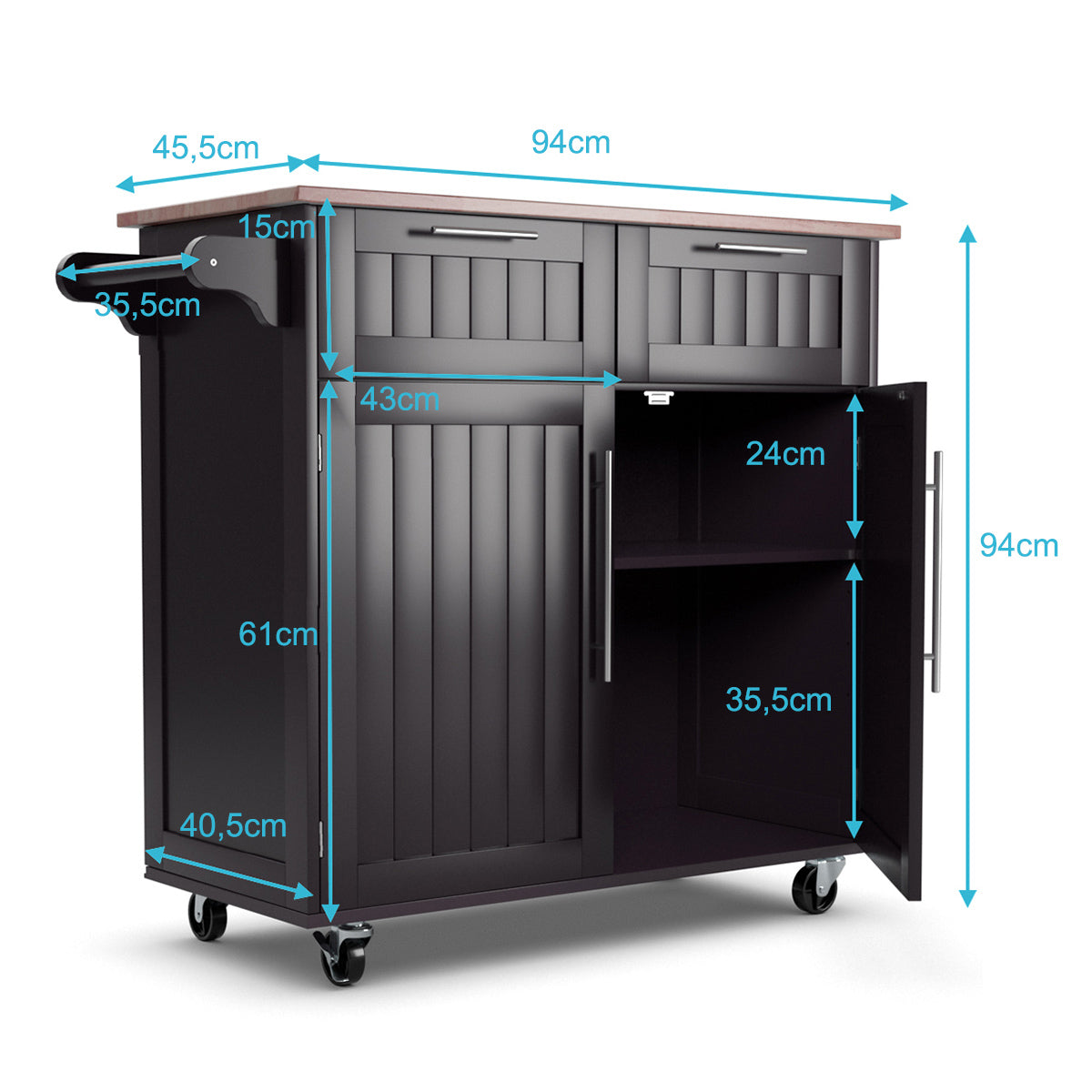 Köksvagn – Rullande serveringsvagn med lådor och skåp – 94 x 45,5 x 94,5 cm – Kaffe