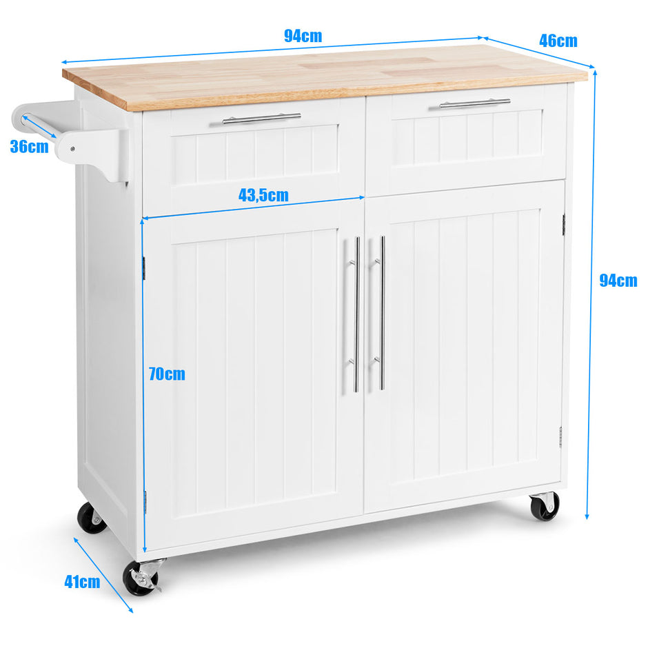 Köksvagn – Rullande serveringsvagn med lådor och skåp – 94 x 45,5 x 94,5 cm – Vit