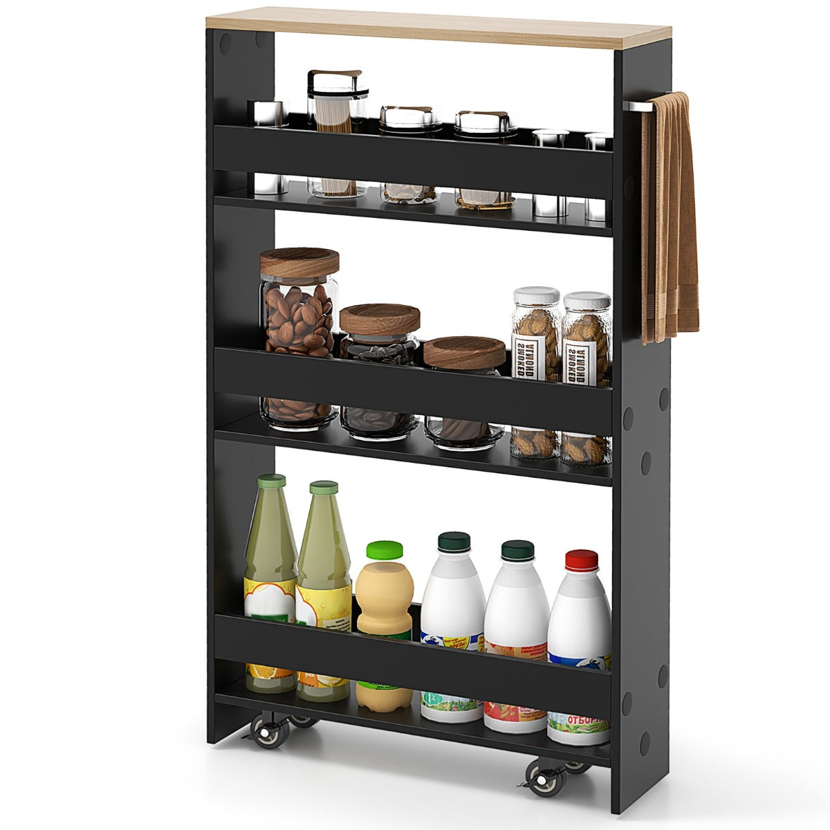 nivåer – nischhylla på hjul gjord av trä med handtag köksvagn + – 4 48 x 13 x 81 cm – Svart