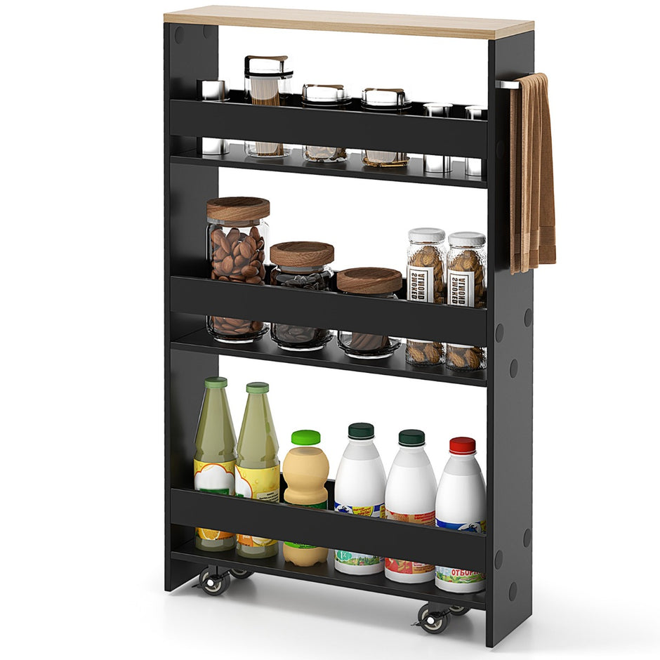 nivåer – nischhylla på hjul gjord av trä med handtag köksvagn + – 4 48 x 13 x 81 cm – Svart
