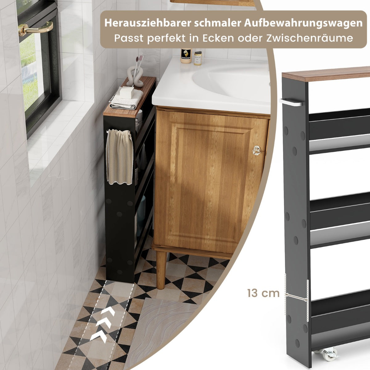 nivåer – nischhylla på hjul gjord av trä med handtag köksvagn + – 4 48 x 13 x 81 cm – Svart
