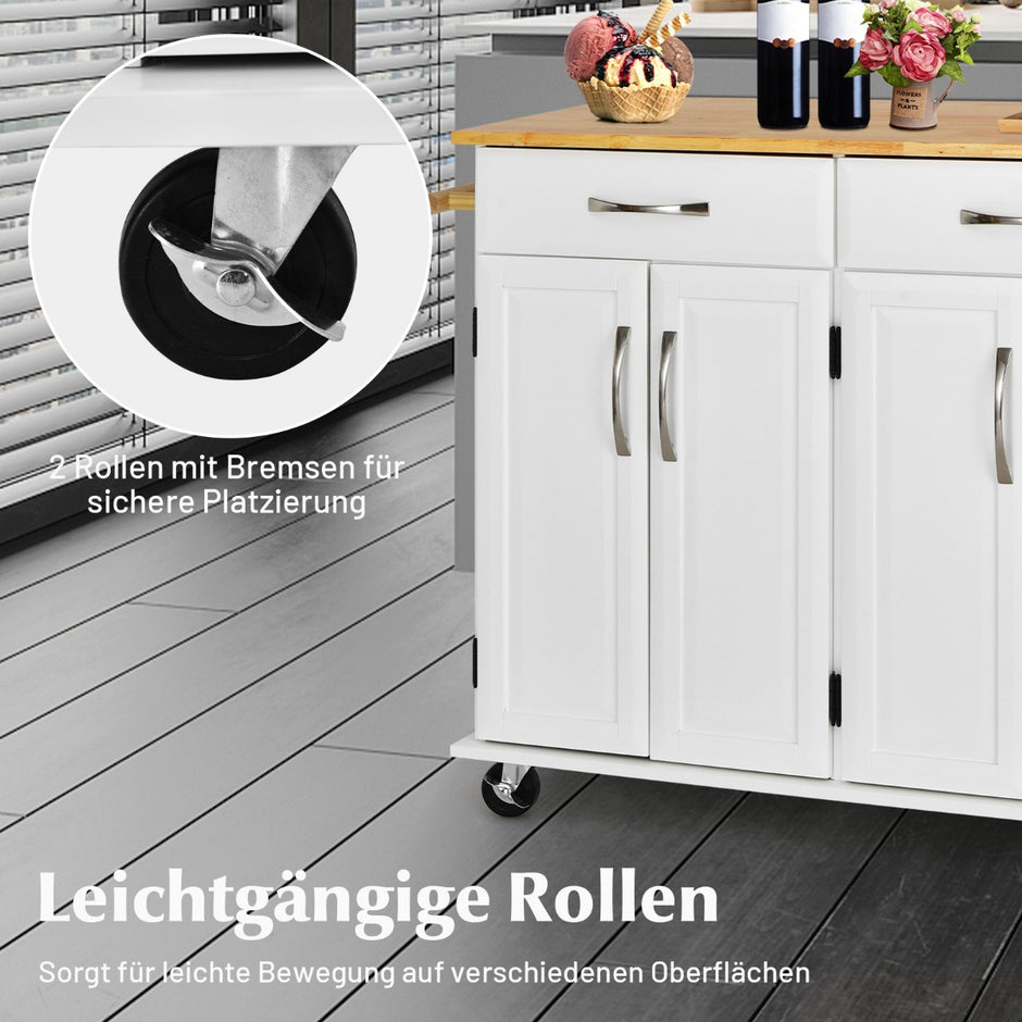 Rolling – Kitchen Island Cart med gummiträ bänkskiva dörrars serveringsvagn – 4 122 x 48 x 92,5 cm – Vit