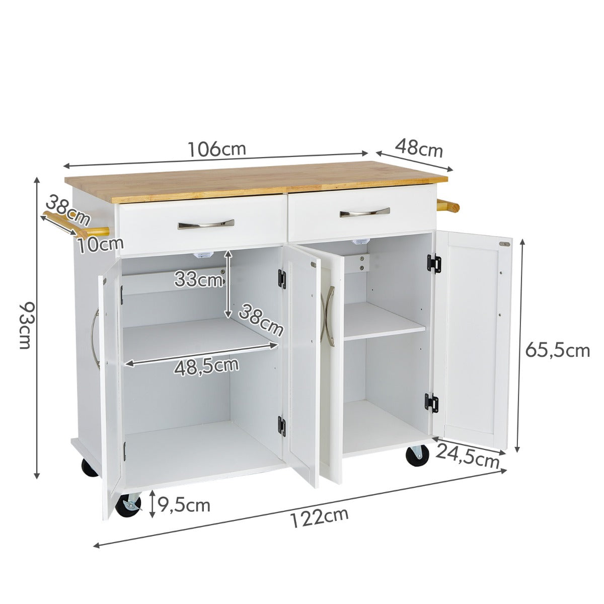 Rolling – Kitchen Island Cart med gummiträ bänkskiva dörrars serveringsvagn – 4 122 x 48 x 92,5 cm – Vit