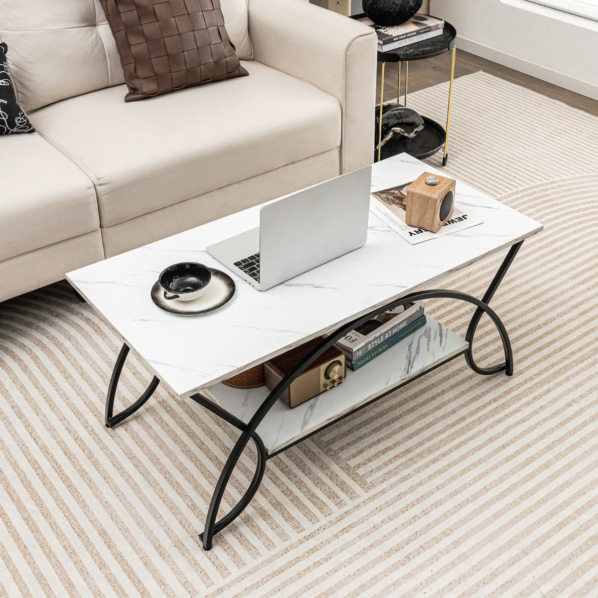 Soffbord – med marmorlook Modernt av konstmarmor – 100 x 50 x 45 cm – Vit
