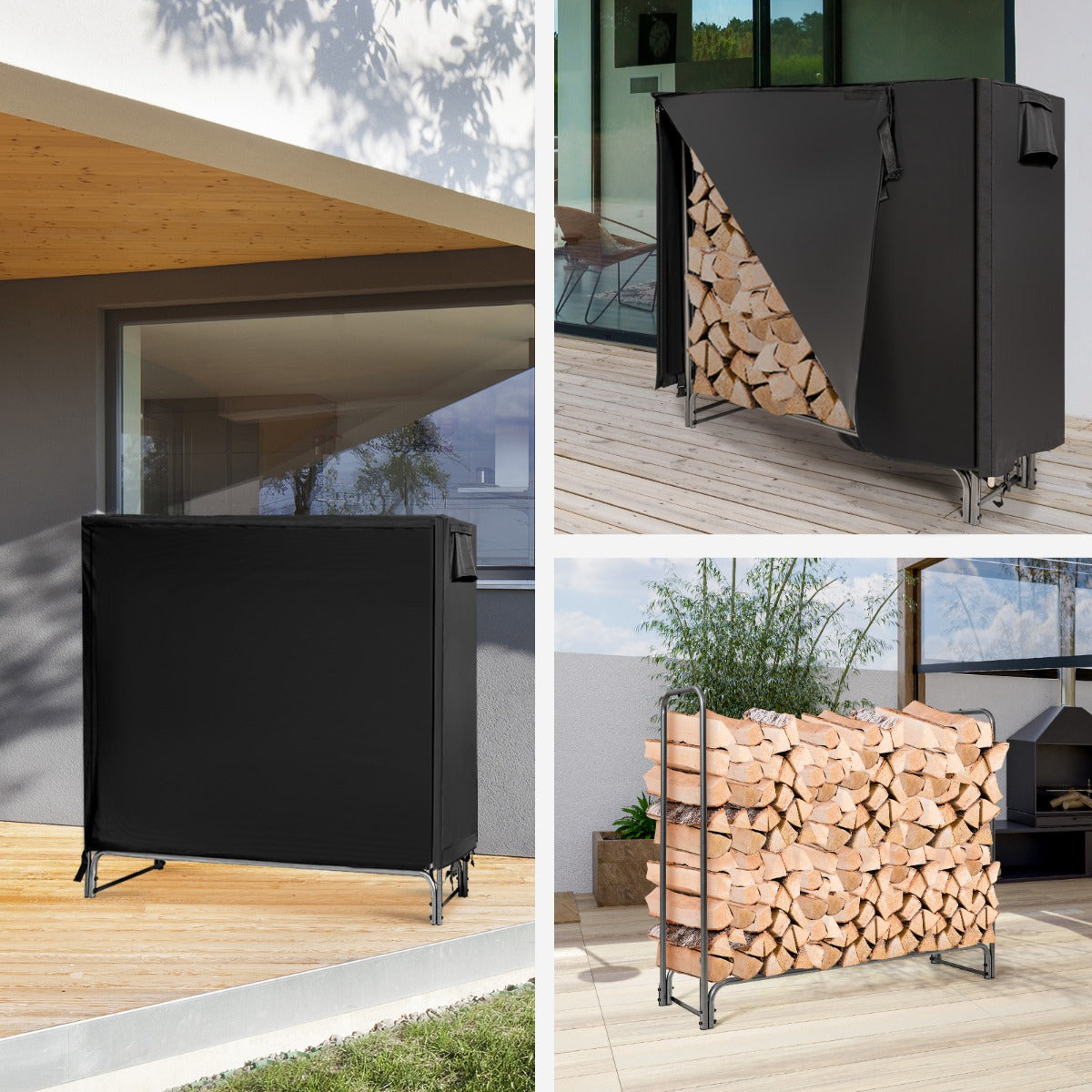 Vedställ – i metall utomhus med vattentätt lock – 122,5 x 35,5 x 122,5 cm – Svart