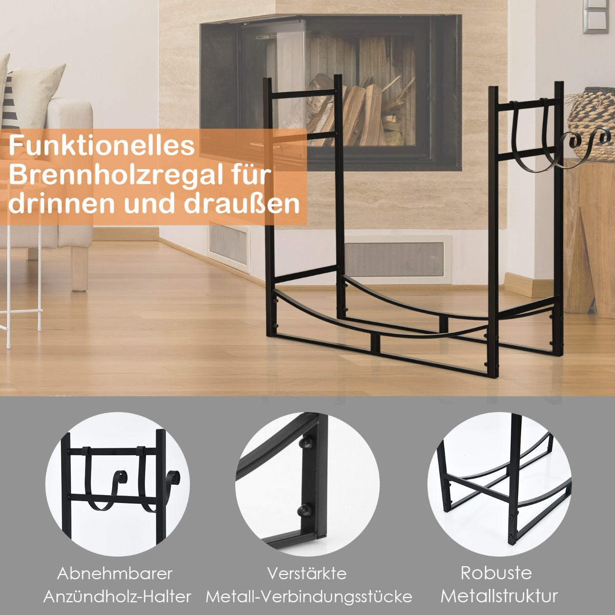 Robust – eldstadshylla vedhylla med avtagbar tändhållare – 84 x 33 x 76 cm – Svart