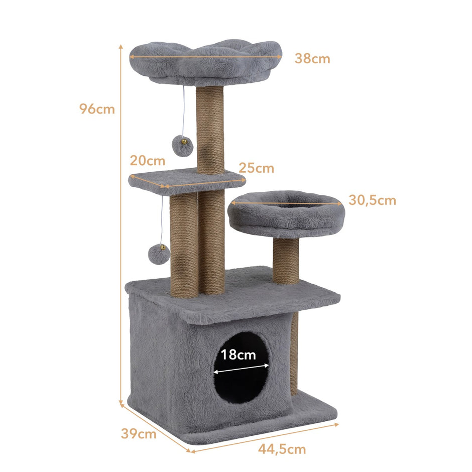 Kattklösträd – med kattlya, plattform, sovplats och bollar kattornamenträd grått – 2 / 96 cm – Grå