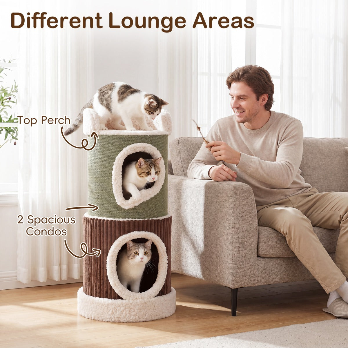 Krattunna – Nivåer Hög Kattunna med Hålor Liggyta och Rund Sockel – 3 Ø 41 cm 85 cm 2 – Grön