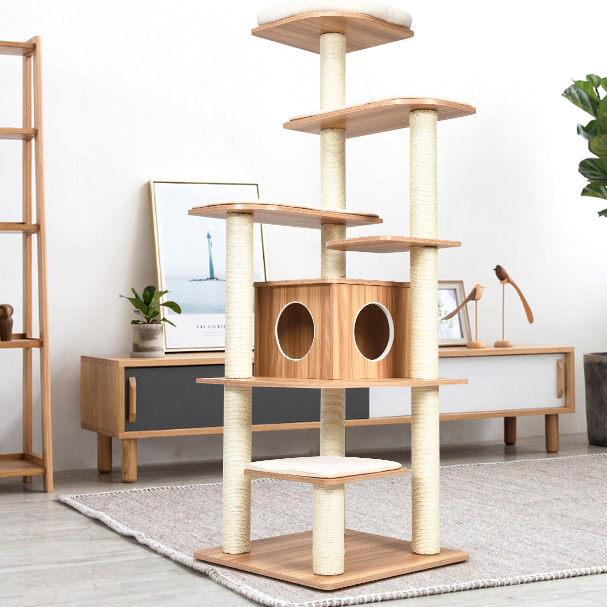 Kattträd – nivå kattskrapstolpe Träskrapstolpelekstuga med grotta och mattor – 6 5 175 cm – Natur