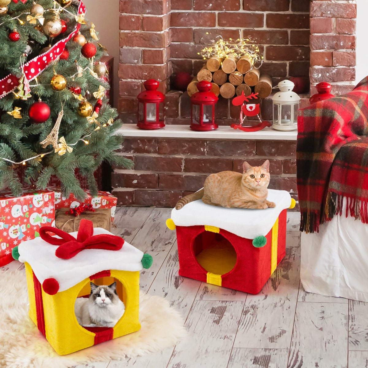 nivå – julkattgrotta med pilbåge och boll staplingsbara presentförpackningar Cat House – 2 – Röd