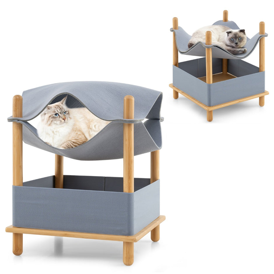 Katthus – våningar Bambu upphöjd kattsäng med förvaringsutrymme Natur+ – 2 40 x 40 x 53 cm – Grå