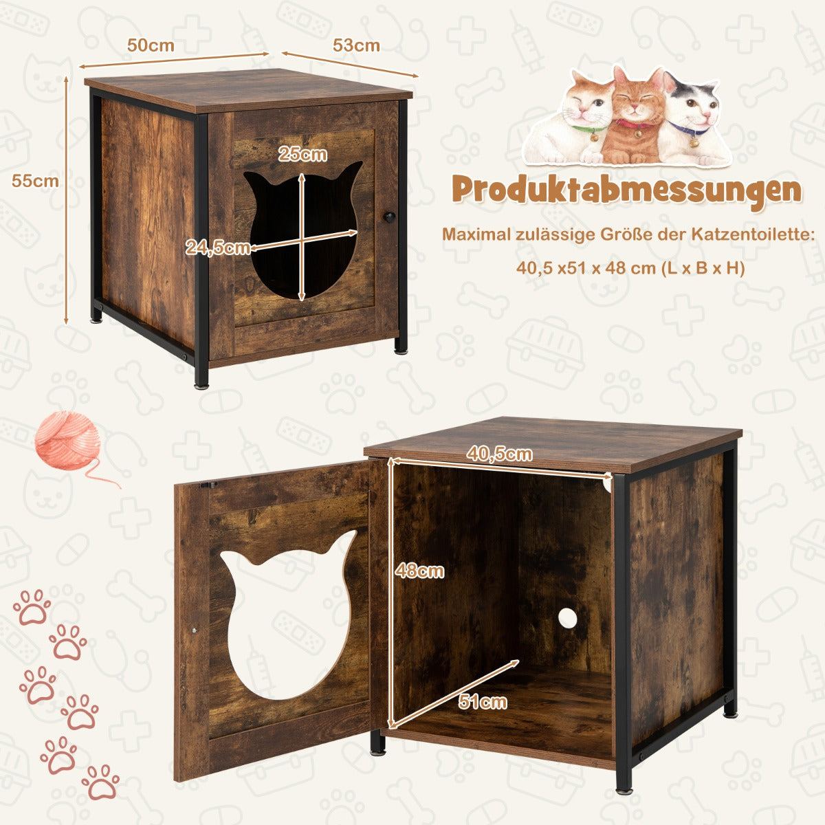 Kattskåp – i trä med dörr och entré kattsandskåp katttoalett – 50 x 53 x 55 cm – Rustik brun