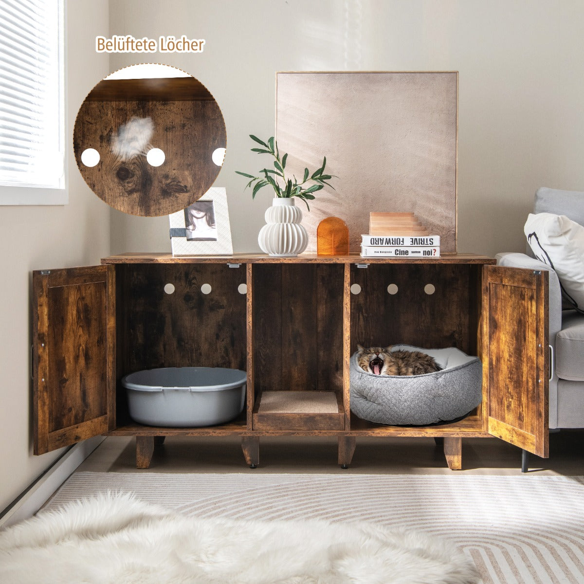 Kattskåp – för kattsandlåda med dörrar och skrapbräda entré Vintage – 2 120 x 52 x 65 cm – Rustik brun