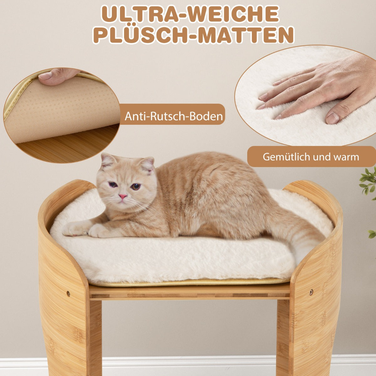 vånings – bambu kattsäng med avtagbara plyschmattor och katthål för kattsovplats – 2 2 – Beige