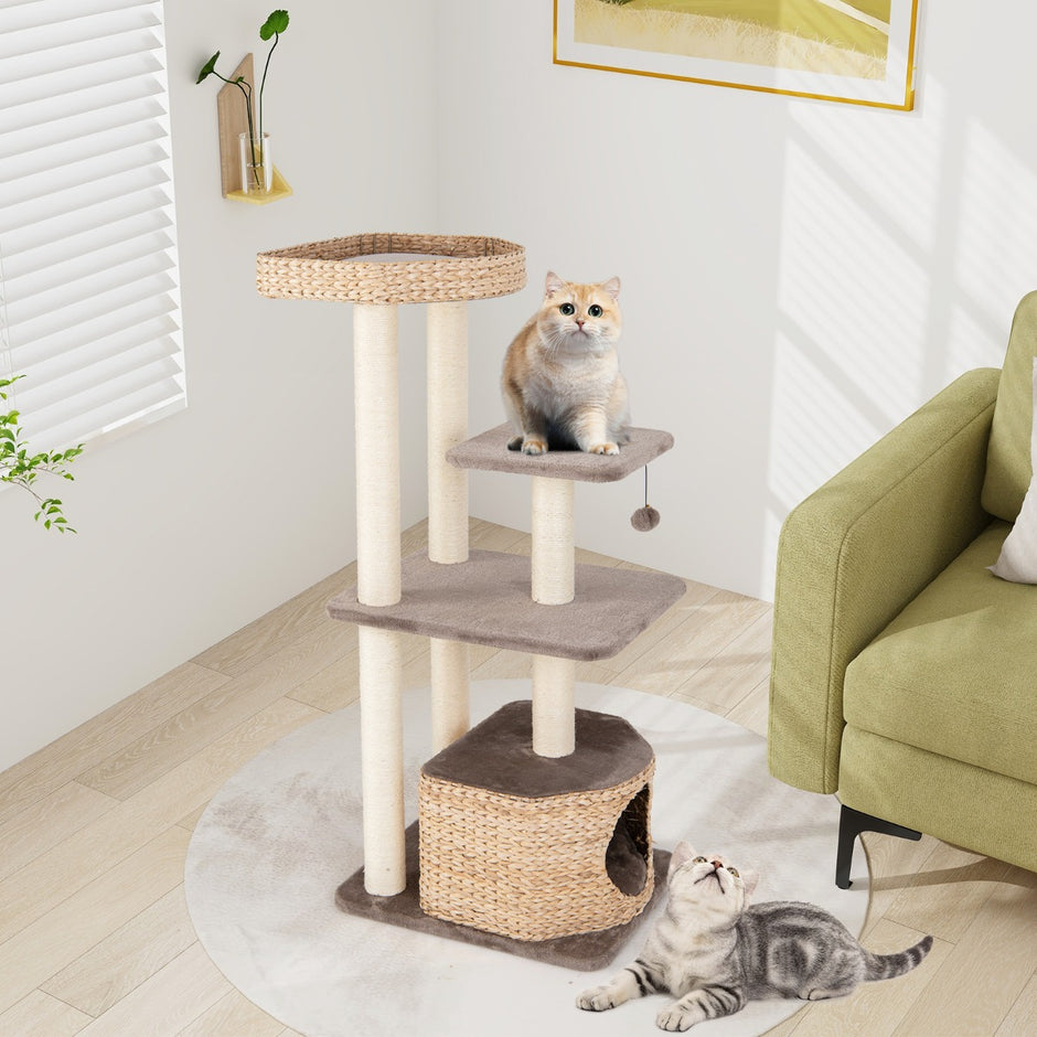 Skrapstolpe – med kattgrotta och plattformar boll abborre kudde kattträd klätterträd – Brun