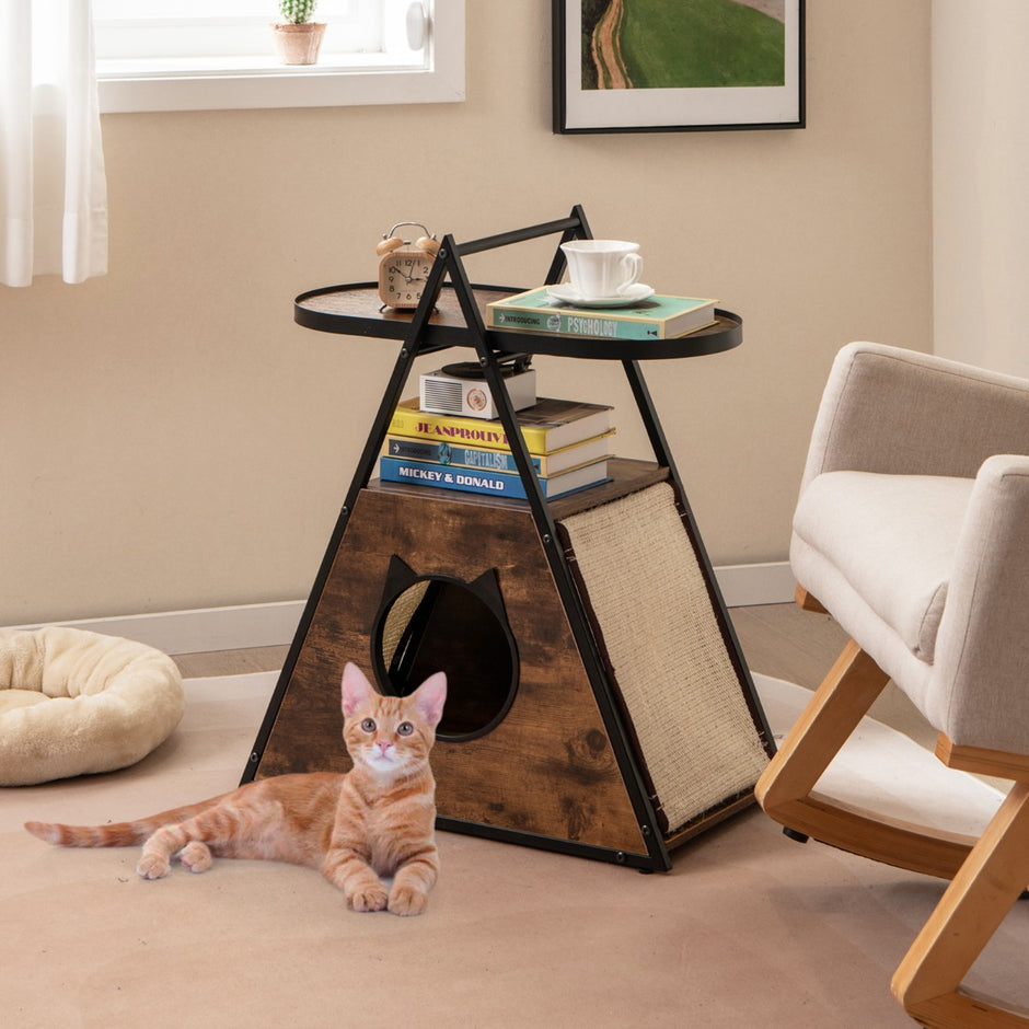 i – Cat Cabinet House och Sidobord Sängbord med Cave Scratching Mats – 3 1 – Grå