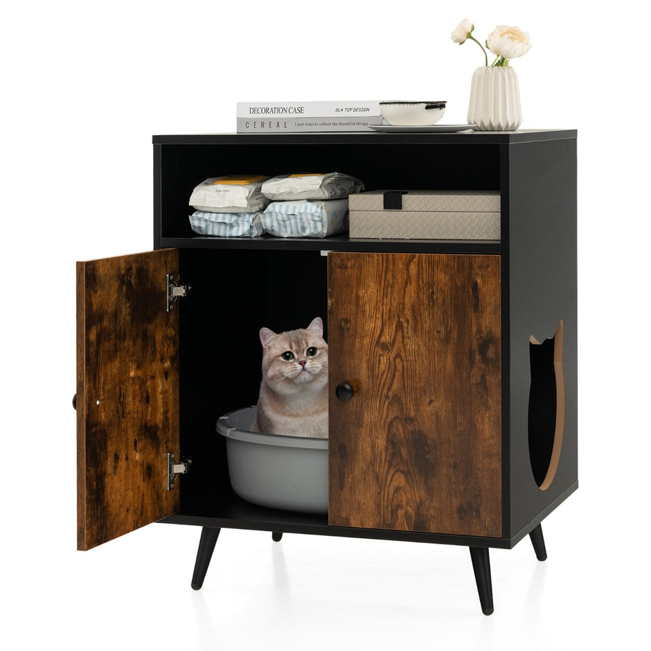 Kattskåp – Kattsandlåda Katthus med dubbla dörrar och entré + – 60 x 45 x 75 cm – Svart
