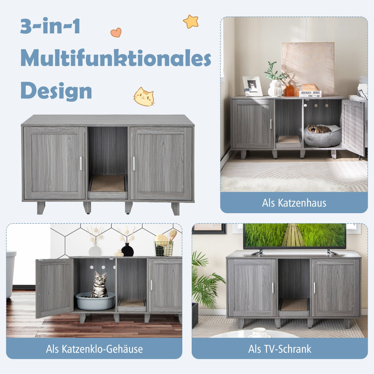 Kattskåp – för kattsandlåda med skrapbräda och dörrar entré – 2 120 x 52 x 65 cm – Grå