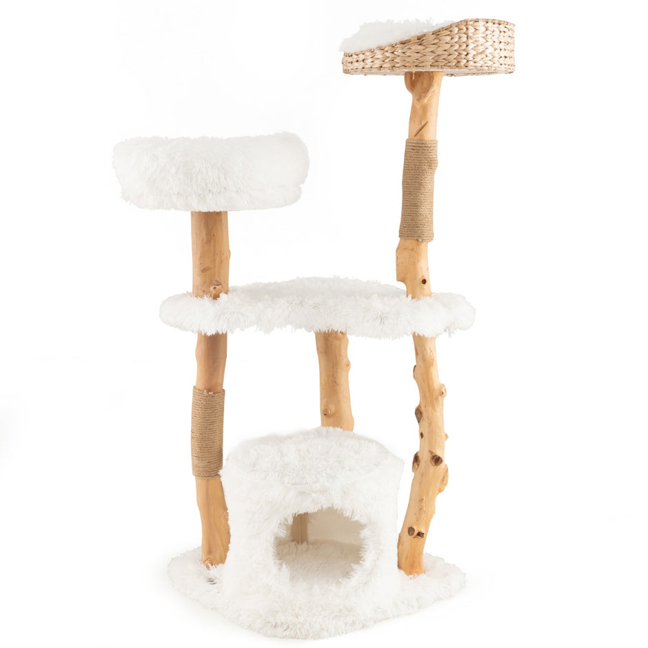 Skrapstolpe – i trä med kattgrotta och plysch sits sittplattform av jute – 124 cm – Vit