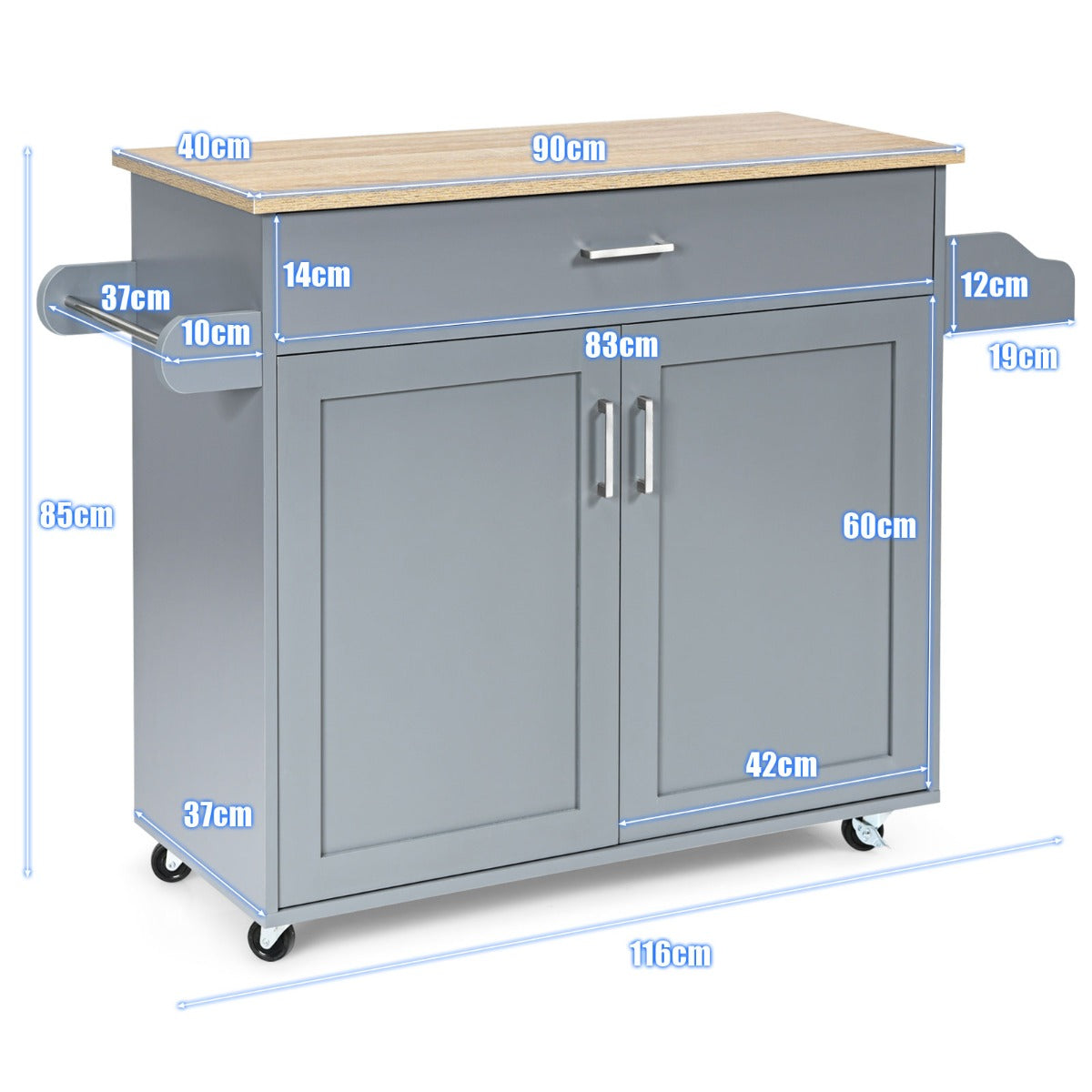Kitchen – Island Cart Rullande förvaringsvagn Stort skåp + – 116 x 40 x 85 cm – Grå
