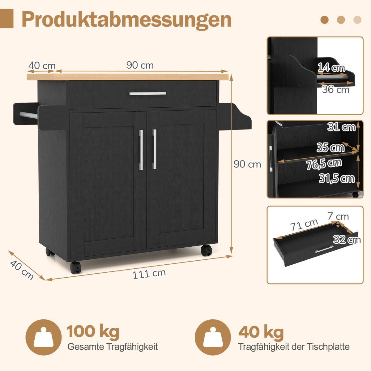 Köksvagn – med arbetsbänk, rullbar köksö låda och justerbar hylla Serveringsvagn Natur + – Svart