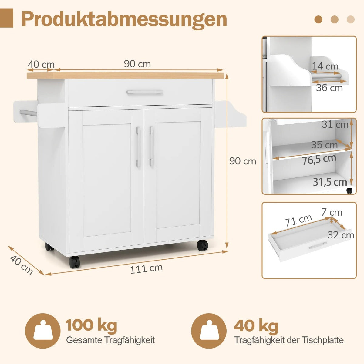 Köksvagn – med arbetsbänk, rullbar köksö låda och justerbar hylla Serveringsvagn Natur + – Vit