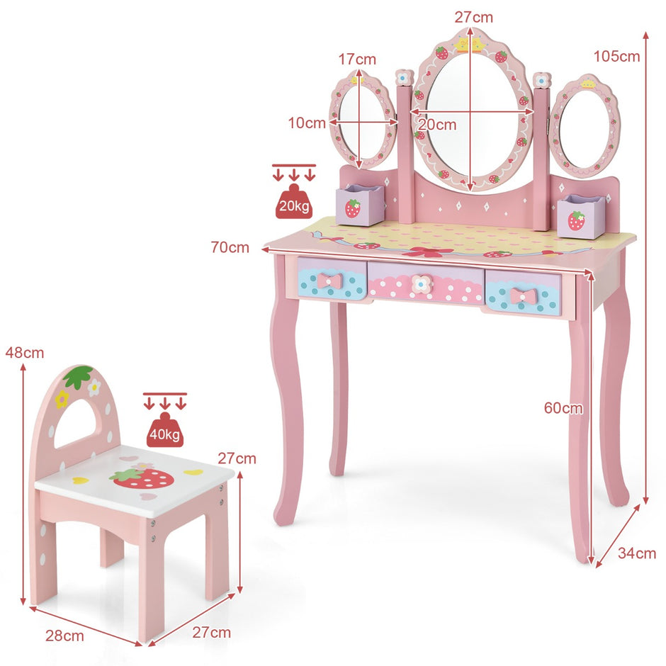 Sminkbord – för barn med spegel – 70 x 34 x 105 cm – Rosa
