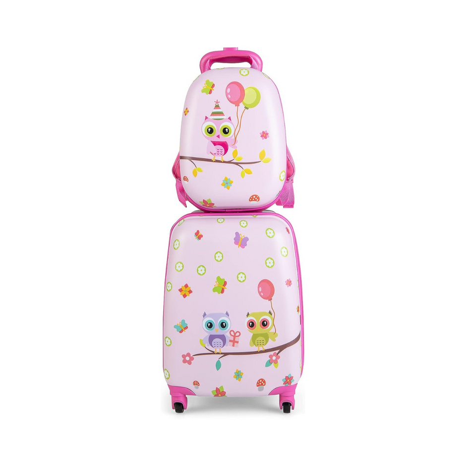 delad – barnresväska + ryggsäck av plast barnvagn 12"+16" fåglar – 2 – Rosa